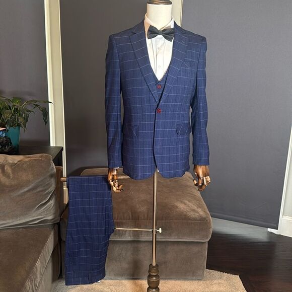 Men’s Blue Plaid 3 Piece Slim Fit Suit Notched Lapel Jacket 40 Pants 36 NWOT